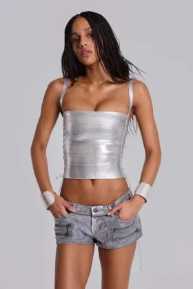 Ardor belagda mini-jeansshorts i silver