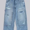 Blå vintage-slitna snickarjeans