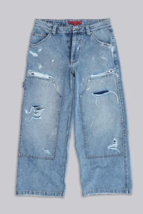 Blå vintage-slitna snickarjeans