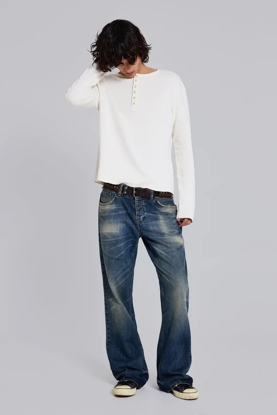 Ecru Waffle Henley-toppar