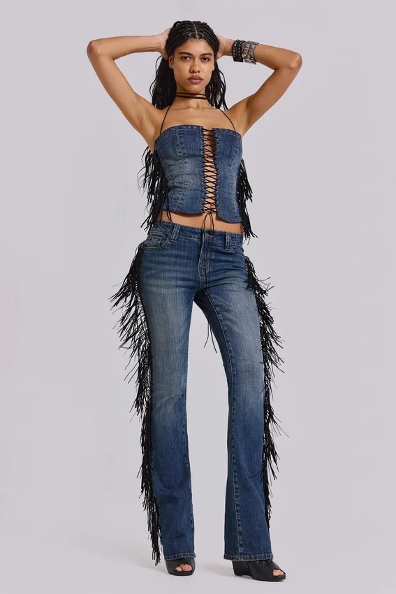 El Topo bootcut-Jeans med fransar i blå tvätt