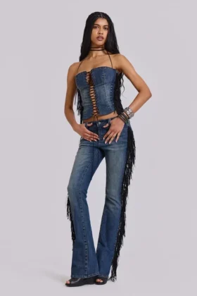 El Topo bootcut-Jeans med fransar i blå tvätt