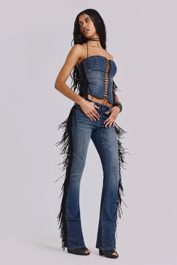 El Topo bootcut-Jeans med fransar i blå tvätt