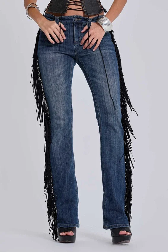 El Topo bootcut-Jeans med fransar i blå tvätt