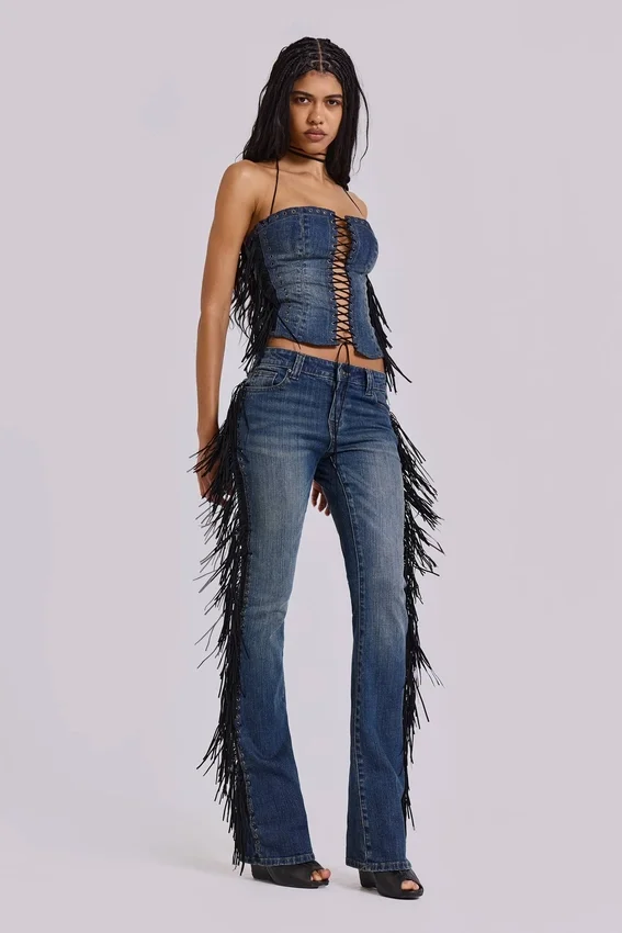 El Topo bootcut-Jeans med fransar i blå tvätt