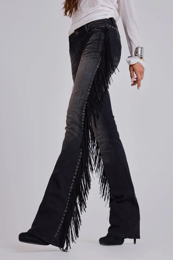 El Topo-jeans med fransar och bootcut-passform i svart tvätt