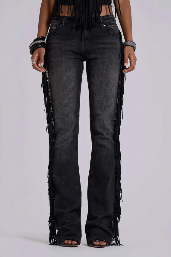 El Topo-jeans med fransar och bootcut-passform i svart tvätt
