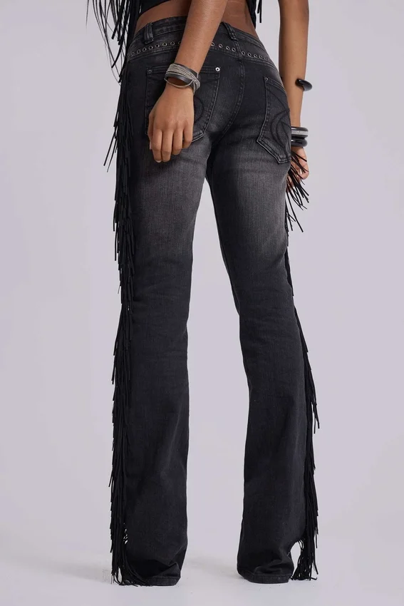 El Topo-jeans med fransar och bootcut-passform i svart tvätt