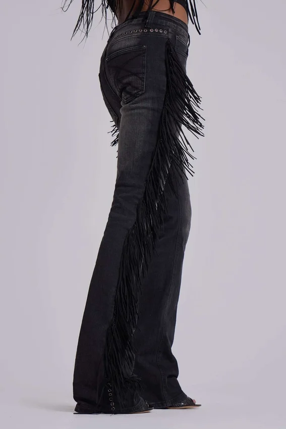 El Topo-jeans med fransar och bootcut-passform i svart tvätt