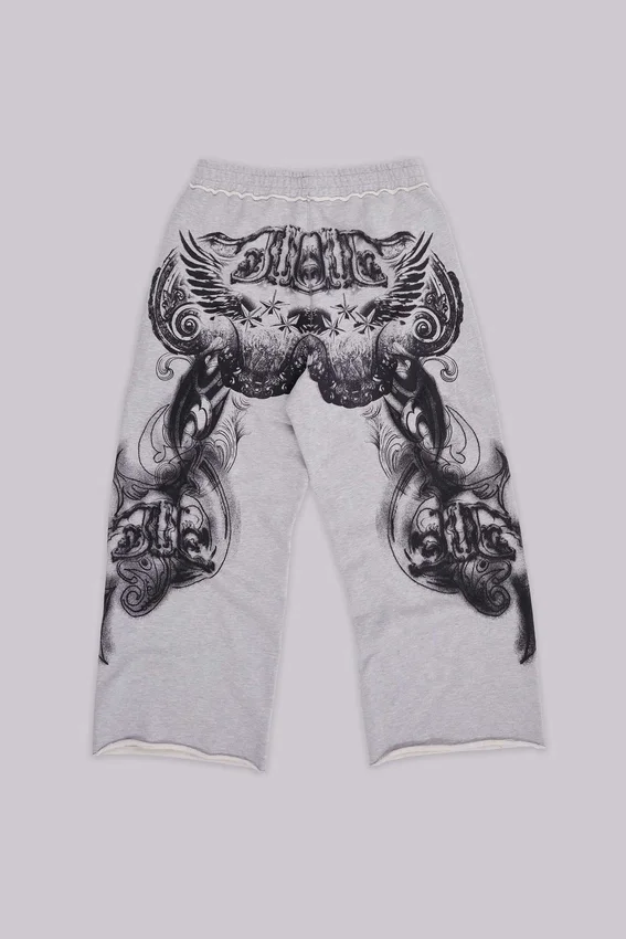 Gråmelerade, baggy Monster Joggers med gotiskt tryck