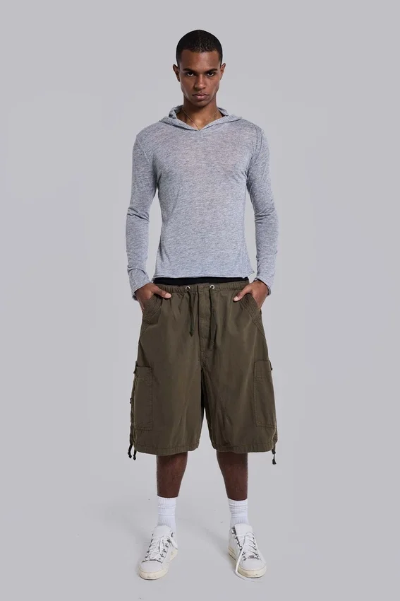 Khaki Parachute Cargo Baggy Shorts
