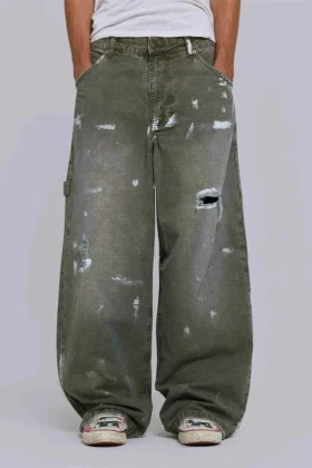 Målade khakifärgade Ripstop-Jeans i snickarmodell