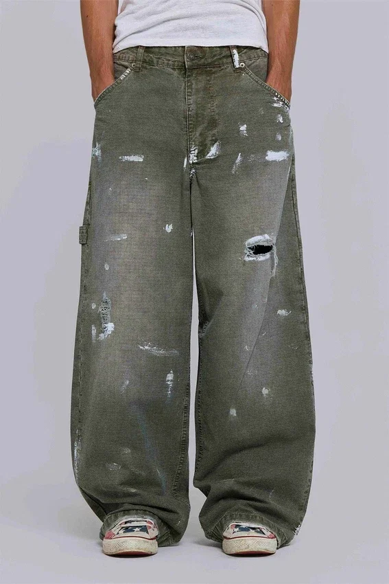 Målade khakifärgade Ripstop-Jeans i snickarmodell