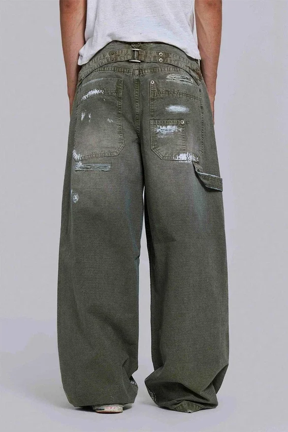 Målade khakifärgade Ripstop-Jeans i snickarmodell
