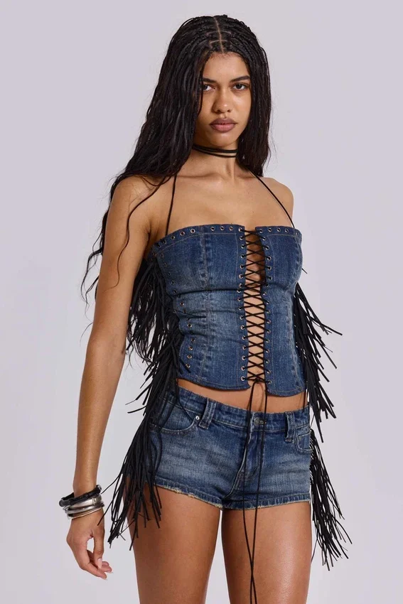 Odile korsett i denim med fransar och snörning