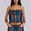 Odile korsett i denim med fransar och snörning