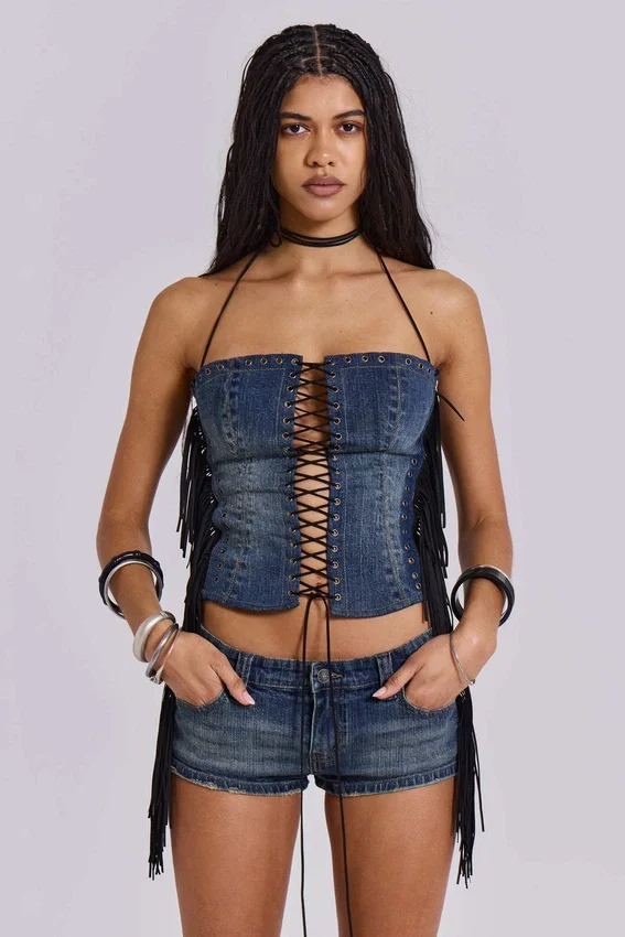 Odile korsett i denim med fransar och snörning