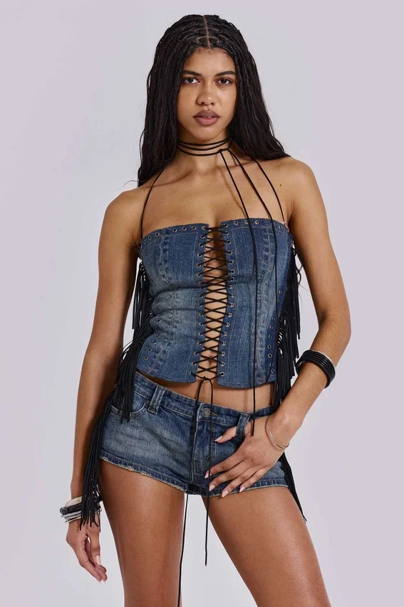 Odile korsett i denim med fransar och snörning