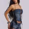 Odile korsett i denim med fransar och snörning