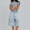 Pinstripe-jeansshorts med dubbla knän