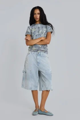 Pinstripe-jeansshorts med dubbla knän