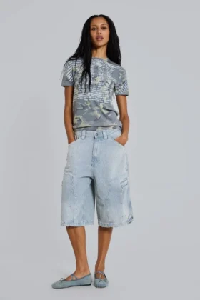 Pinstripe-jeansshorts med dubbla knän