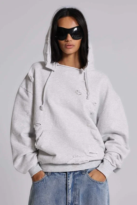Pullover Bitten-hoodie i gråmelerad