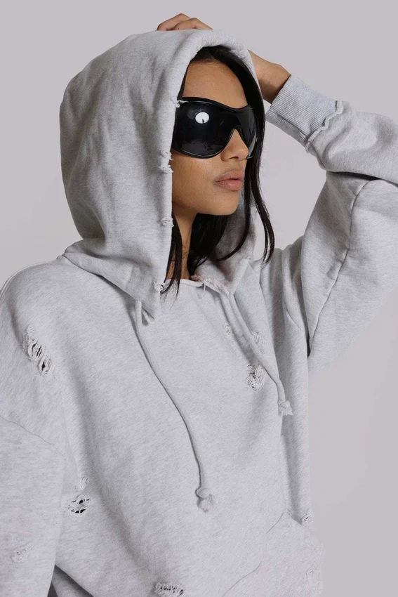 Pullover Bitten-hoodie i gråmelerad