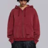 Röd, solblekt hoodie med vaffelfoder och dragkedja