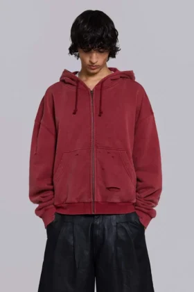 Röd, solblekt hoodie med vaffelfoder och dragkedja