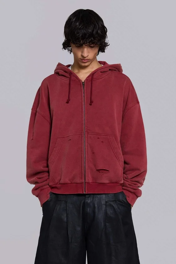 Röd, solblekt hoodie med vaffelfoder och dragkedja