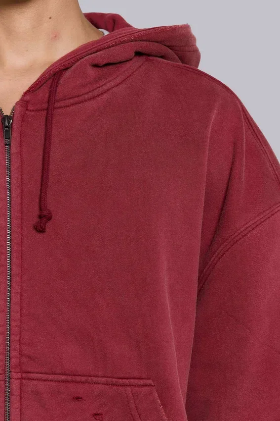 Röd, solblekt hoodie med vaffelfoder och dragkedja