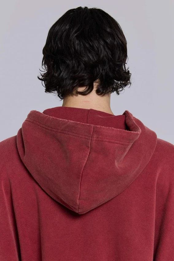 Röd, solblekt hoodie med vaffelfoder och dragkedja