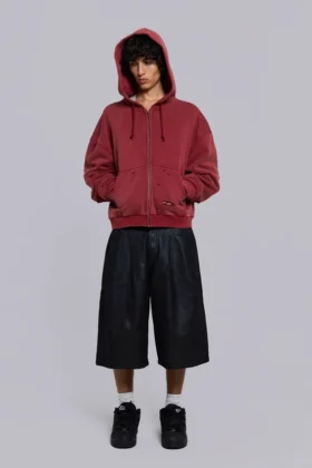 Röd, solblekt hoodie med vaffelfoder och dragkedja