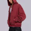 Röd, solblekt hoodie med vaffelfoder och dragkedja