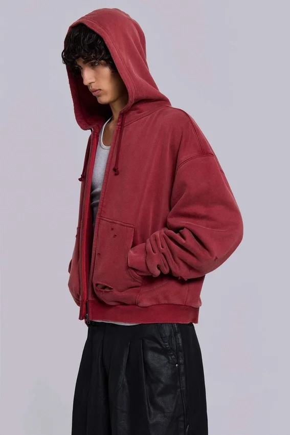 Röd, solblekt hoodie med vaffelfoder och dragkedja