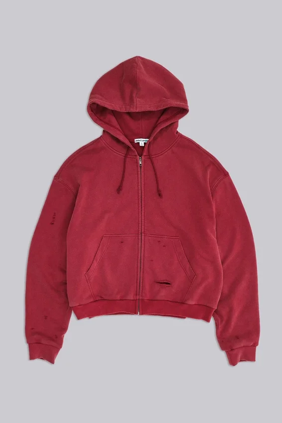 Röd, solblekt hoodie med vaffelfoder och dragkedja