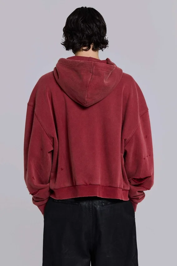 Röd, solblekt hoodie med vaffelfoder och dragkedja