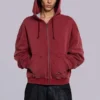 Röd, solblekt hoodie med vaffelfoder och dragkedja
