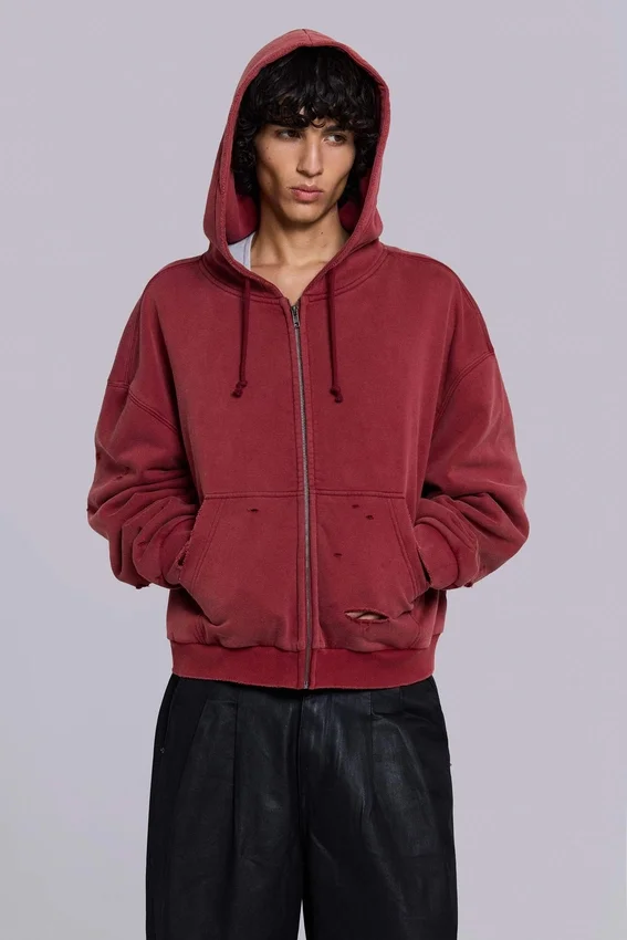 Röd, solblekt hoodie med vaffelfoder och dragkedja