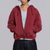 Röd, solblekt hoodie med vaffelfoder och dragkedja