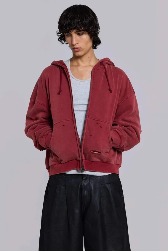 Röd, solblekt hoodie med vaffelfoder och dragkedja