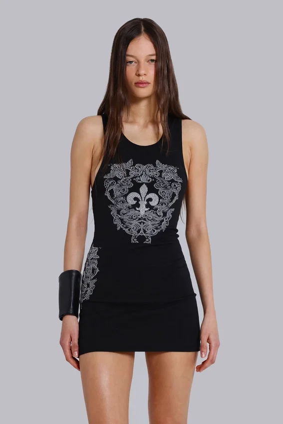 Rock Revival miniklänning i form av en väst med strass och Fleur de Lis-mönster