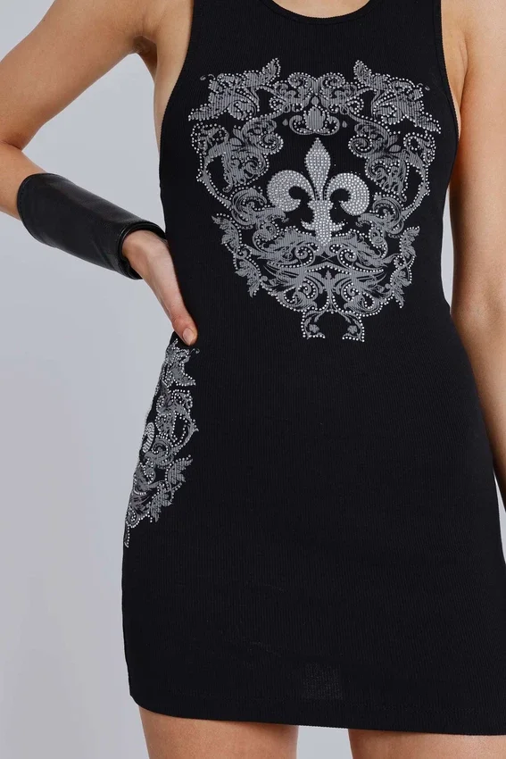 Rock Revival miniklänning i form av en väst med strass och Fleur de Lis-mönster