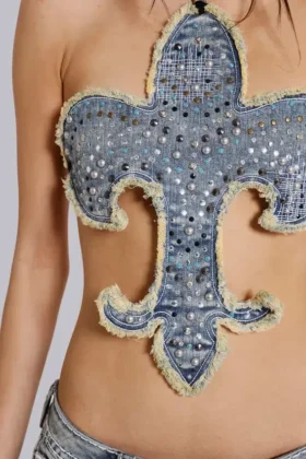 Rock Revival topp med nitar och Fleur de Lis-motiv