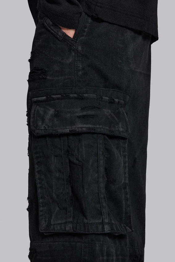Svarta Beach Cargo-shorts med slitna detaljer