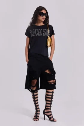 Svarta slitage-behandlade Monster-shorts
