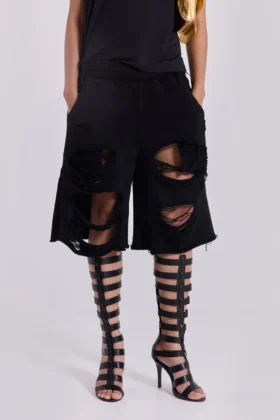 Svarta slitage-behandlade Monster-shorts