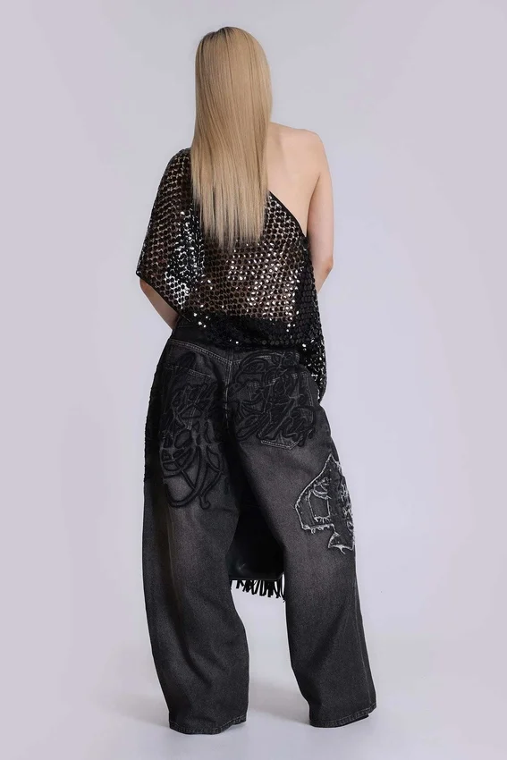 Svarta XL Colossus Jeans med upphöjd broderi
