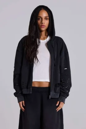 Tvättad svart hoodie med dragkedja, solblekt och våffelfodrad